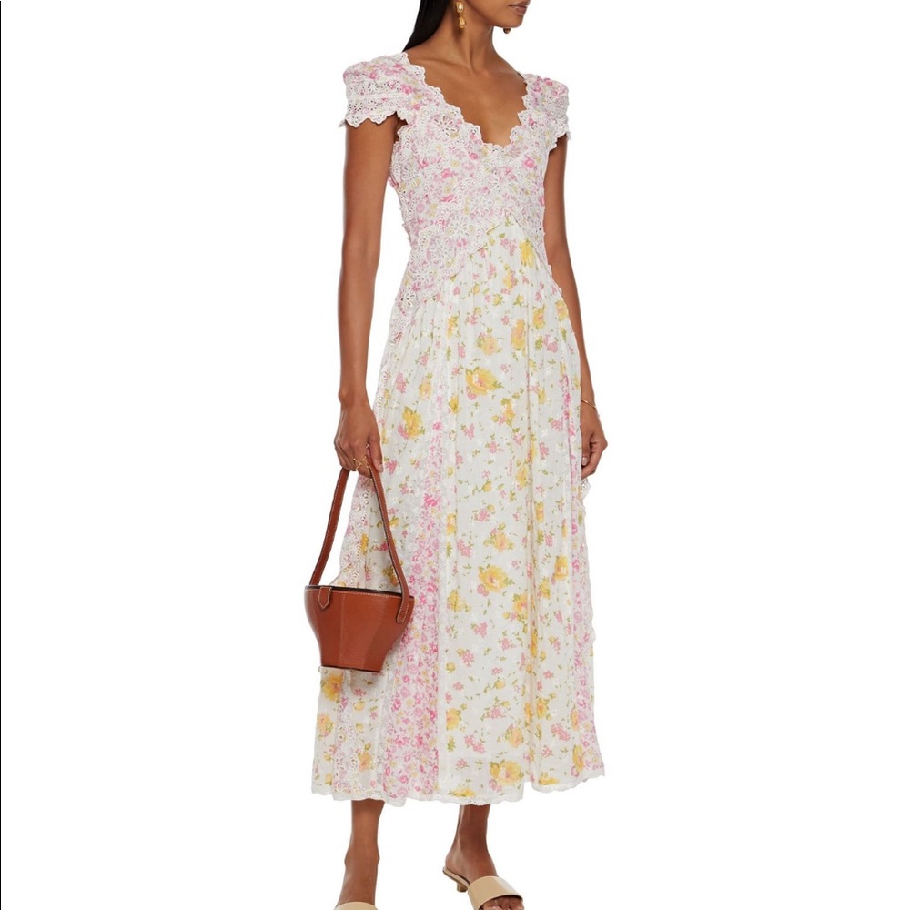 LOVESHACKFANCY Archer Broderie Anglaise-Paneled Floral Cotton-Voile MIDI Dress